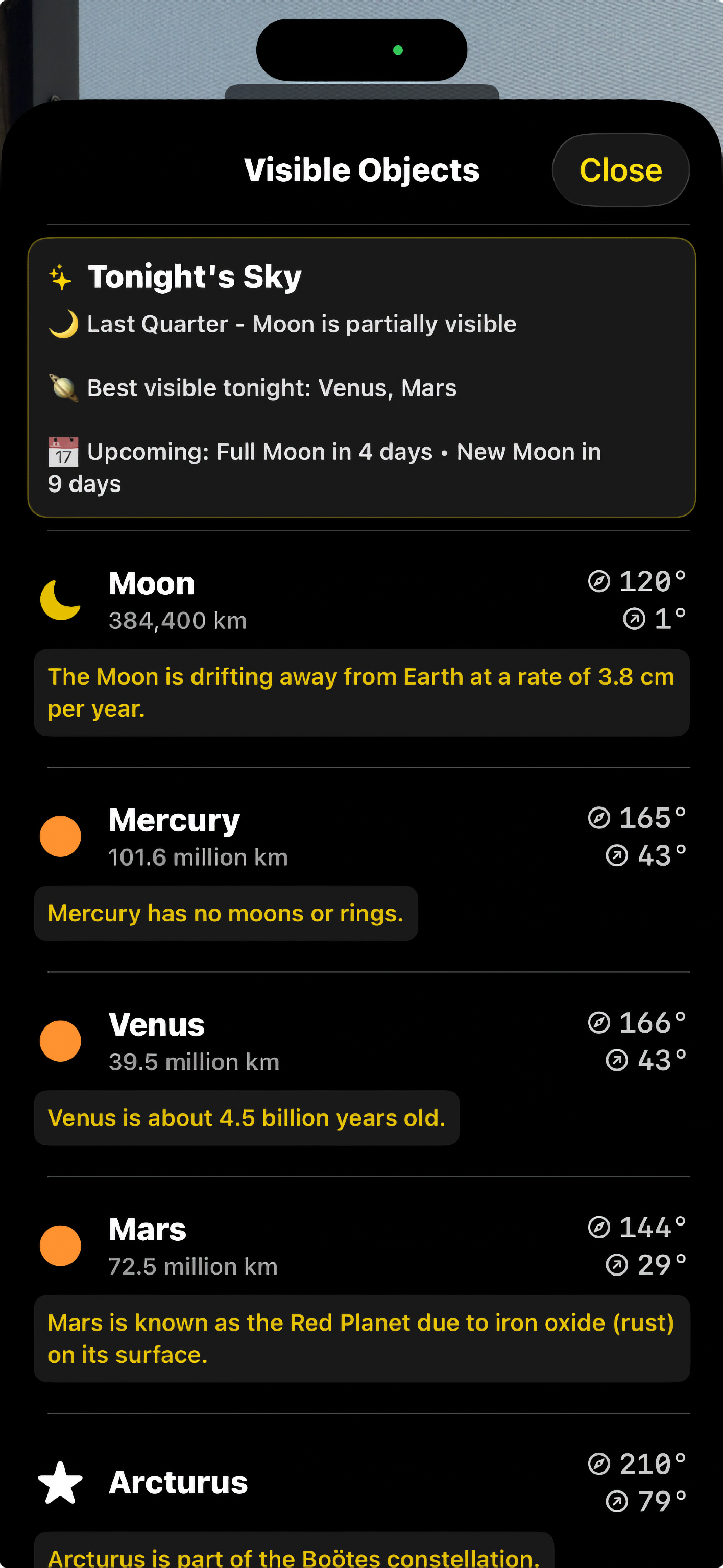 Pilot Window Visible Objects List